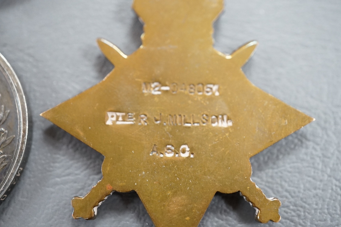 A First World War medal group to M2-048051 Pte. R.J. Million. R.A.S.C., comprising a medal trio with the Meritorious Service medal, together with a together with an unrelated medal ribbon bar. Condition - fair to good.